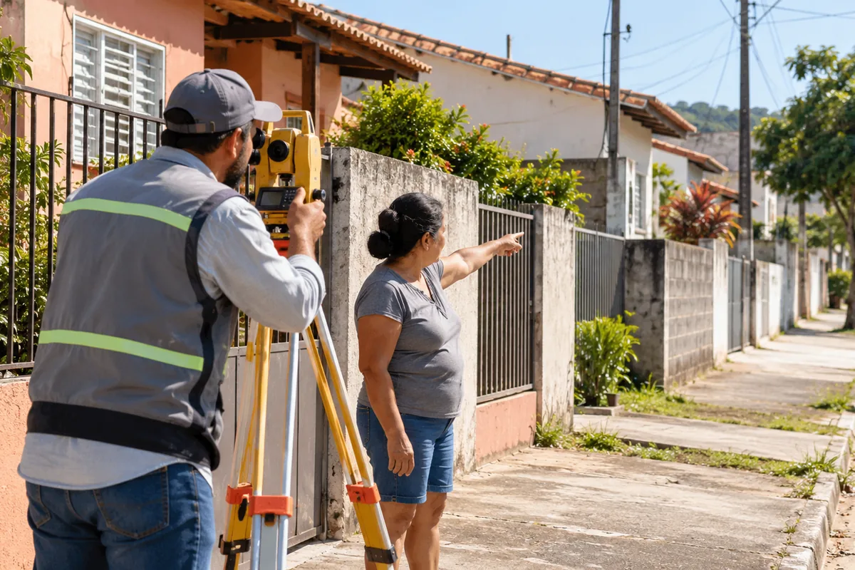 Profissional mede imóvel urbano enquanto moradora indica os limites da posse
