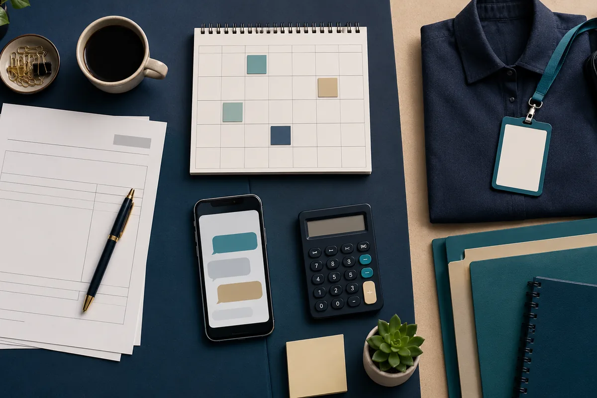 Mesa com contrato, calendário, mensagens, crachá e calculadora usados como evidências da relação de trabalho