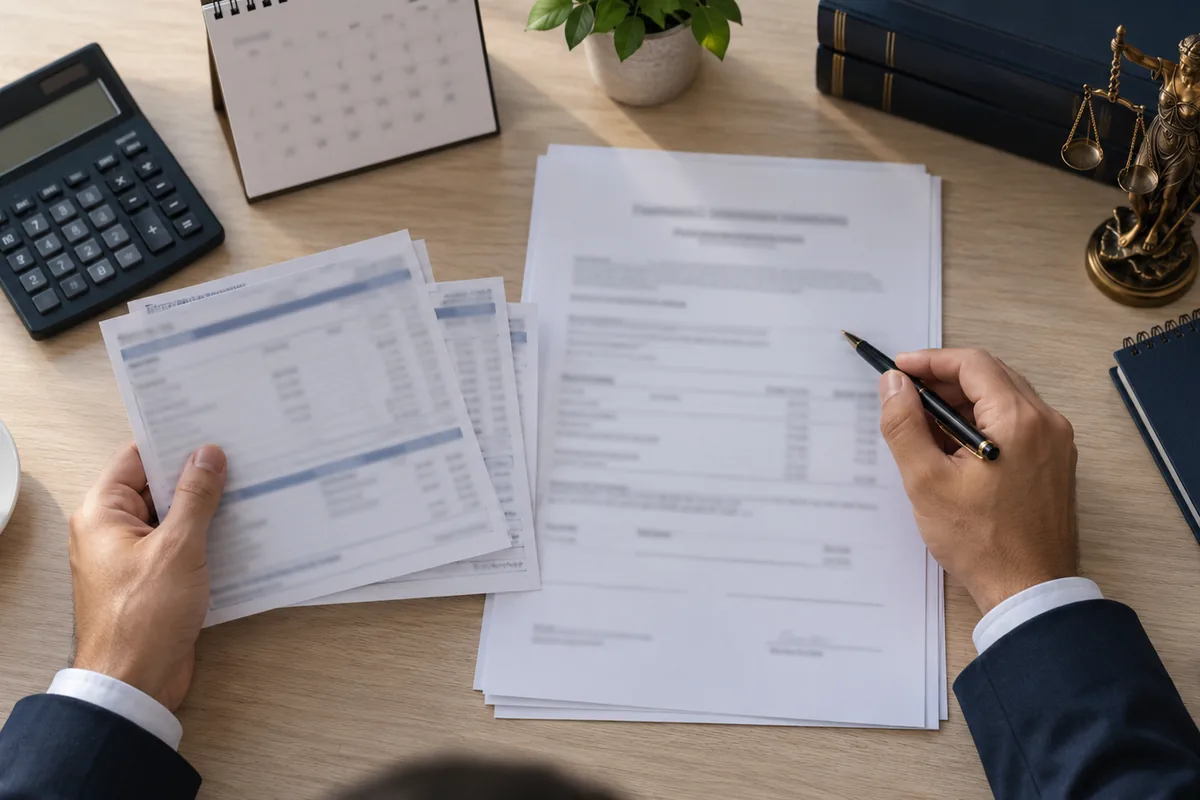 Documentos e calculadora usados na conferência das verbas rescisórias