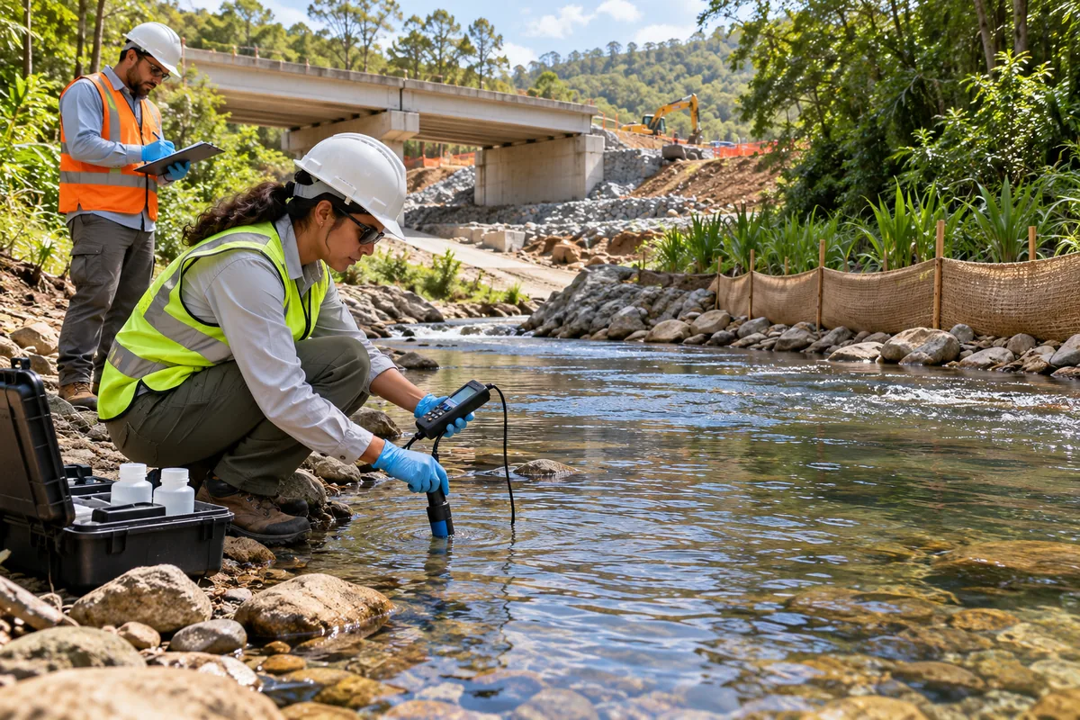Equipe ambiental mede qualidade da água perto de obra de ponte