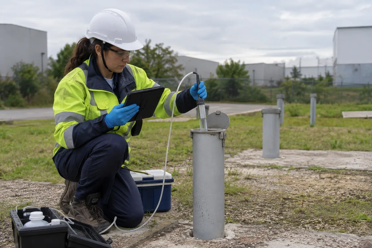 Técnica ambiental coleta amostra em poço de monitoramento