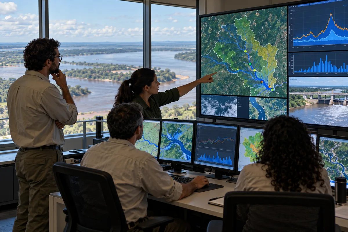 Equipe técnica analisa mapas e dados hidrológicos em centro de monitoramento