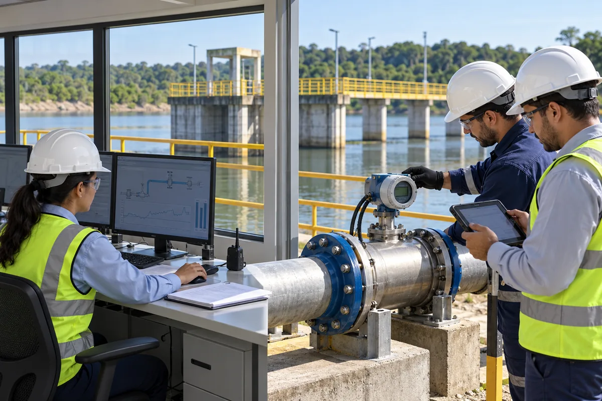 Técnicos verificam medidor de vazão em tubulação de captação