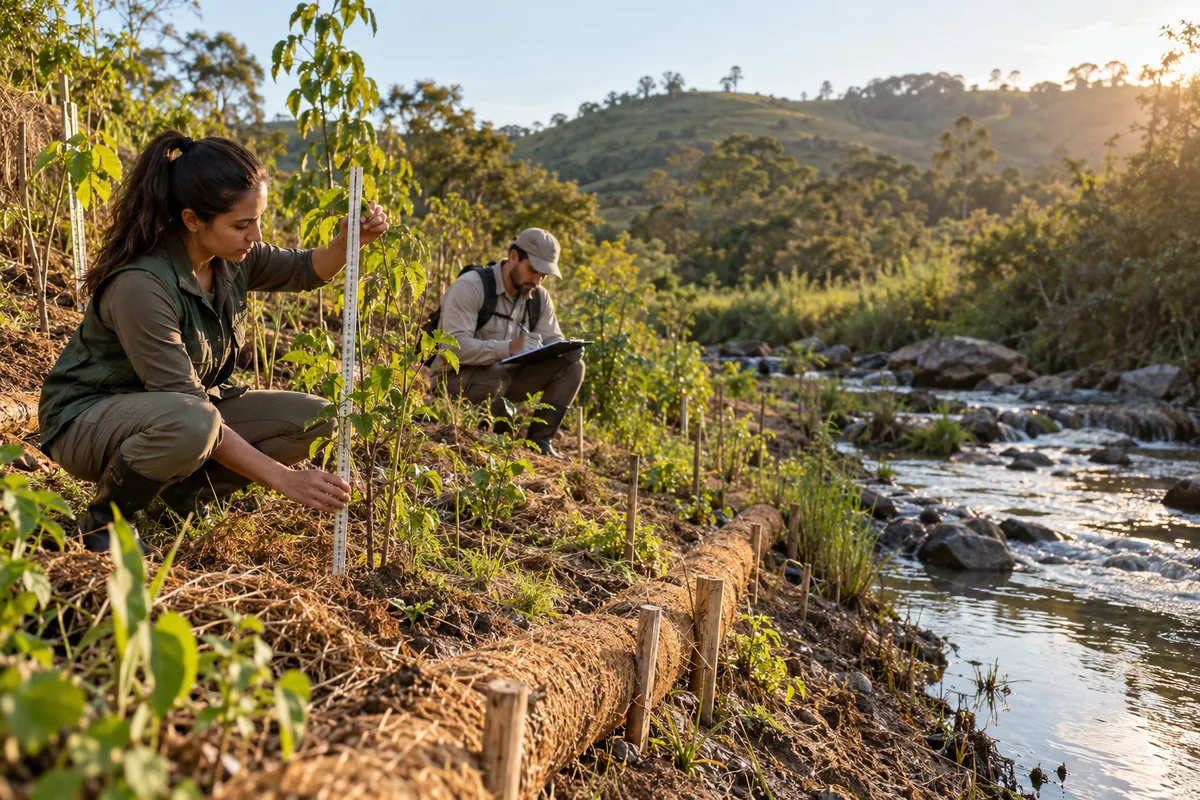 Profissionais monitoram vegetação nativa em margem de curso d'água
