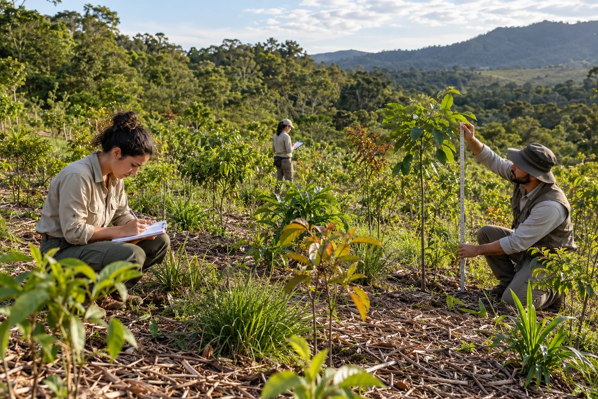 Técnicos medem mudas e cobertura vegetal em área em recuperação