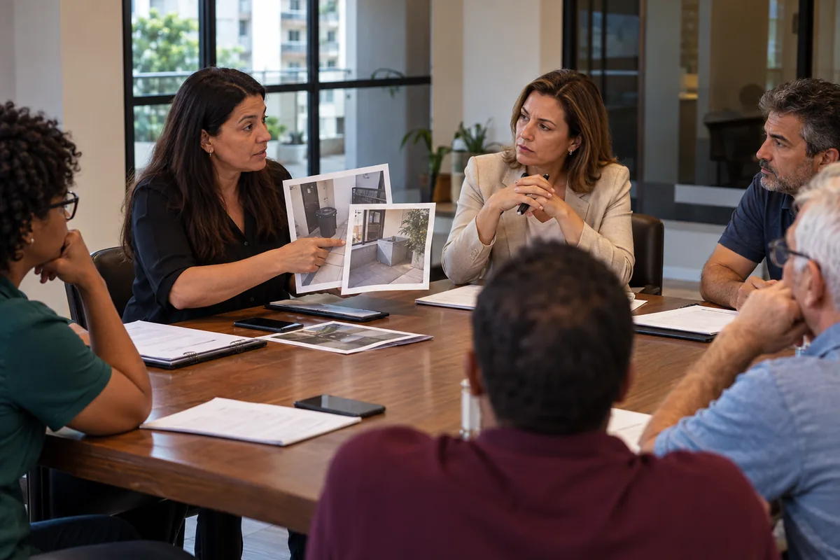 Moradora apresenta fotografias durante assembleia que analisa multa condominial