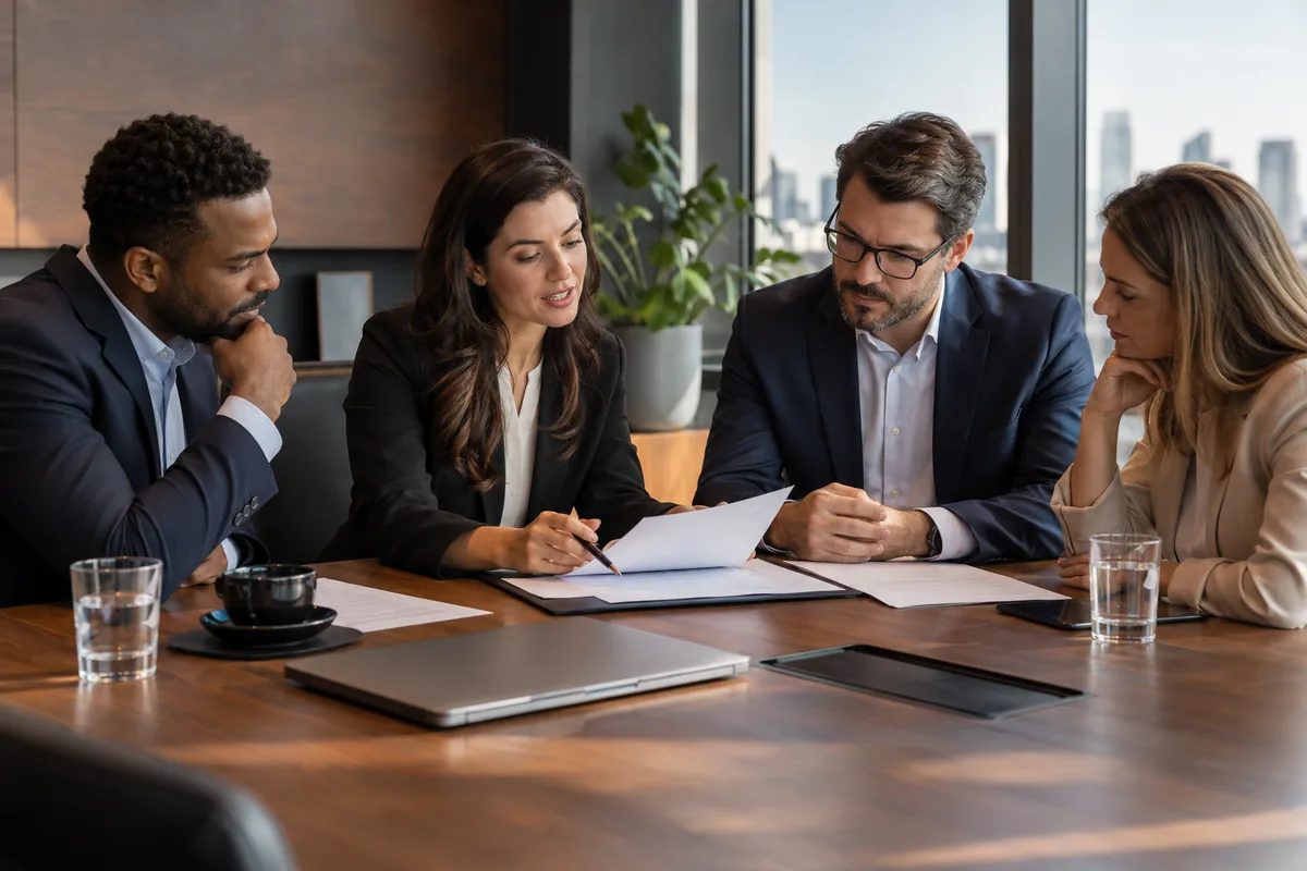 Representantes de empresas analisam contrato com assessoria jurídica