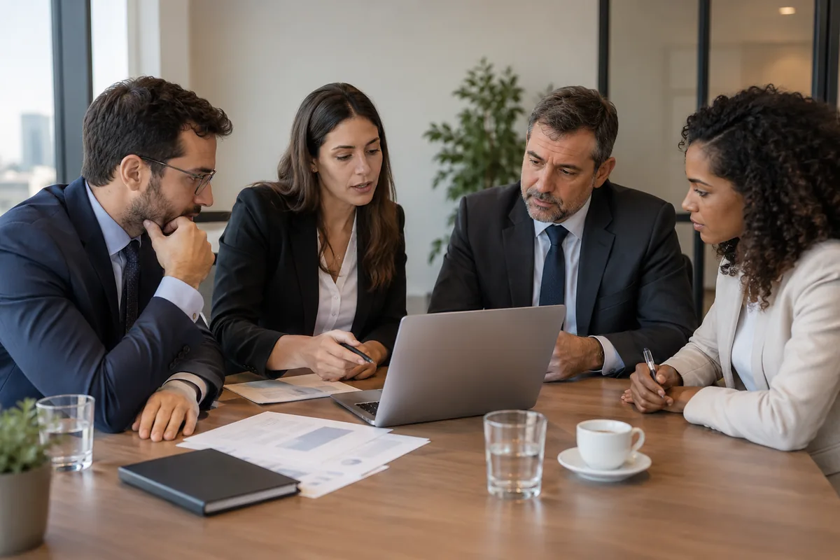 Profissionais negociam uma dívida empresarial em reunião