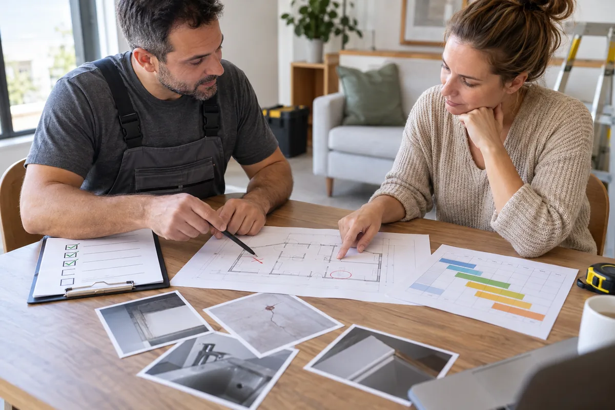 Cliente e prestador revisam checklist de correções do serviço
