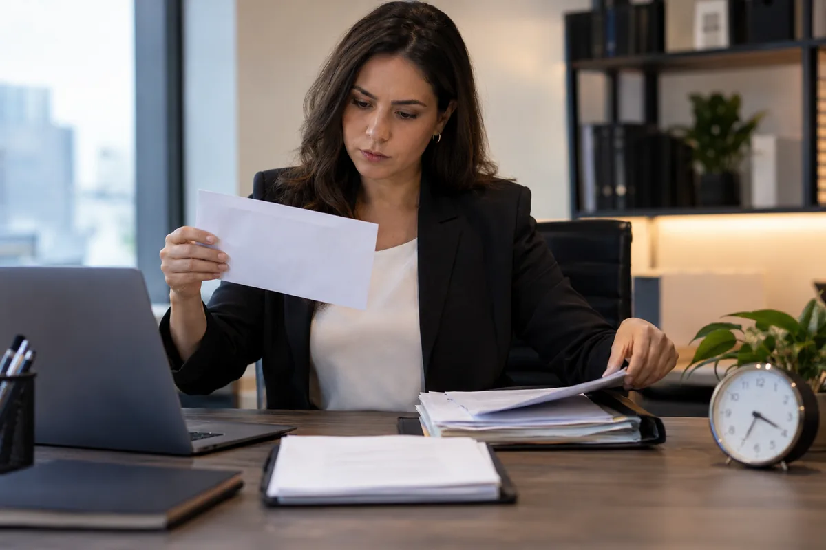 Profissional confere notificação e organiza documentos fiscais