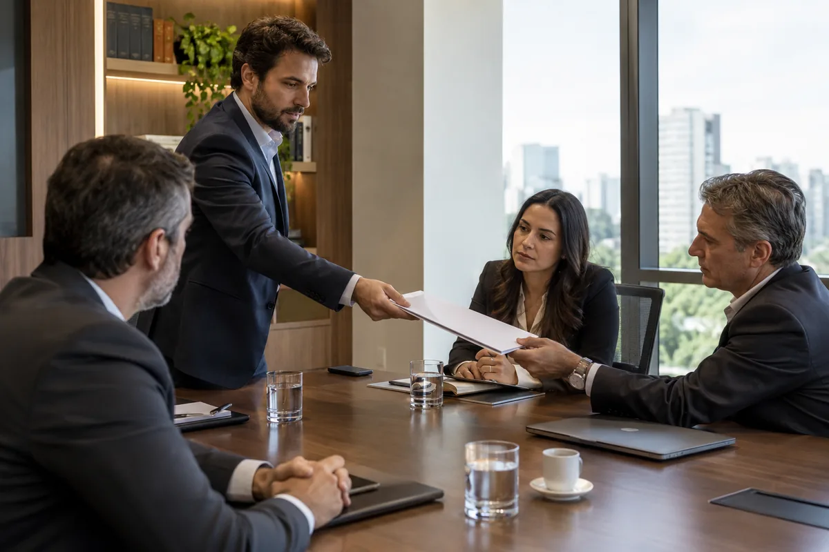 Sócio entregando notificação formal de retirada em reunião empresarial