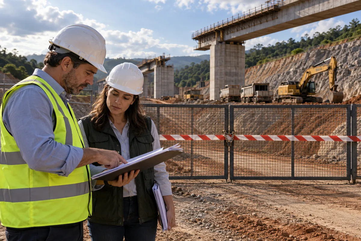 Profissionais inspecionam obra de infraestrutura temporariamente paralisada