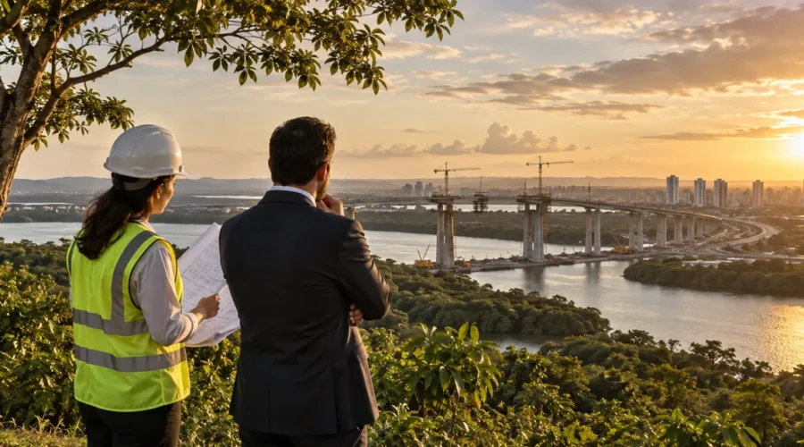Engenheira e advogado observam construção de ponte integrada à paisagem