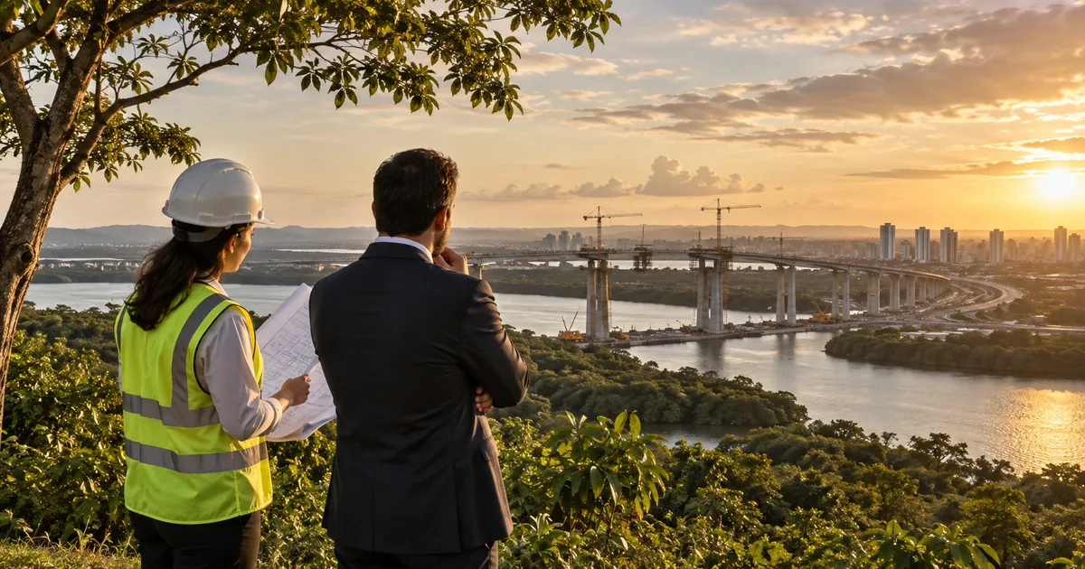 Engenheira e advogado observam construção de ponte integrada à paisagem