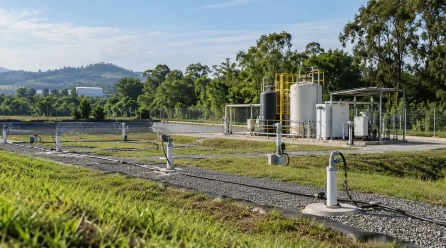 Sistema de remediação ambiental com poços e tubulações