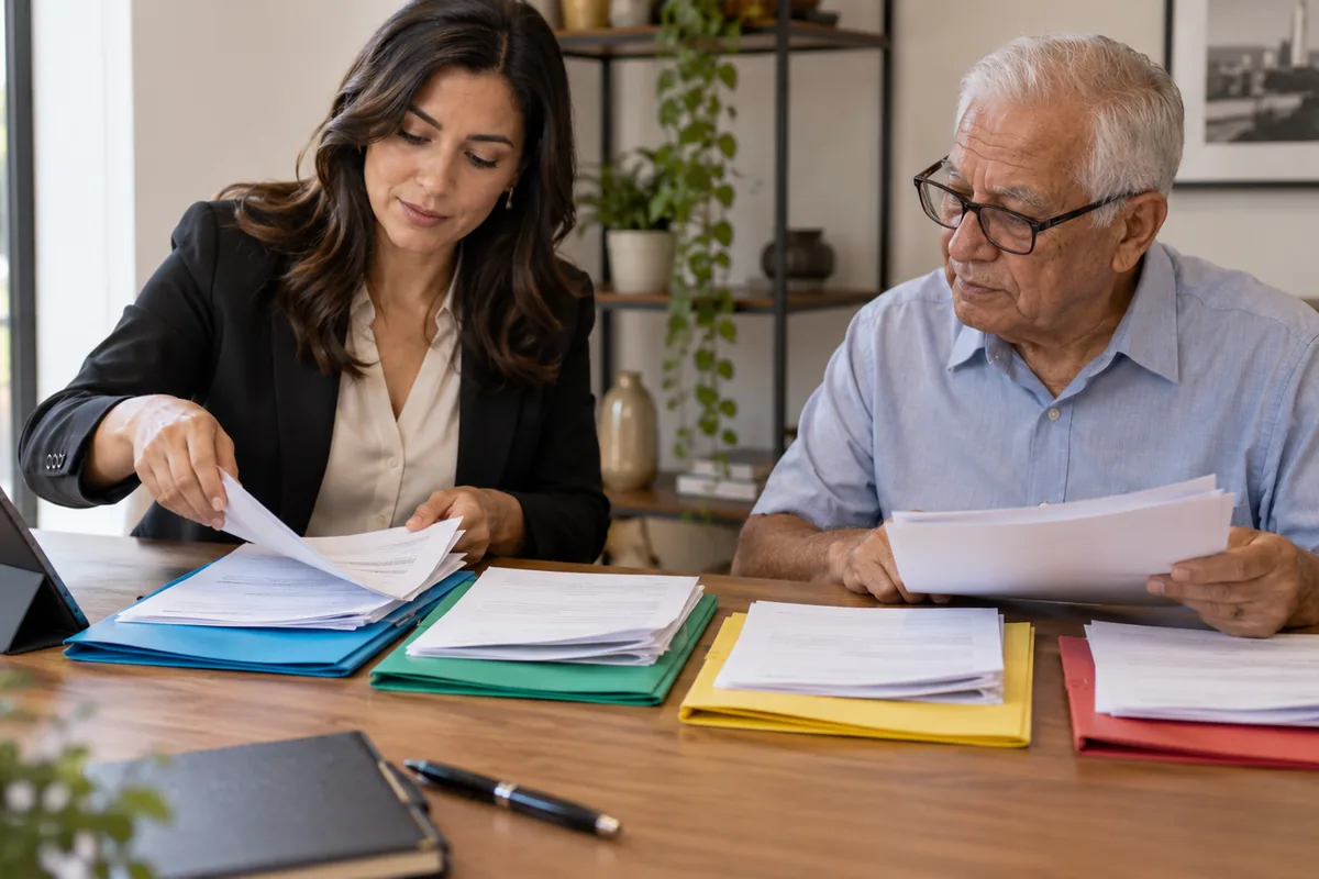 Advogada e cliente separam documentos previdenciários por categoria