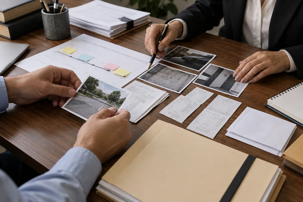 Advogada e cliente organizam fotografias e cronologia de acontecimentos