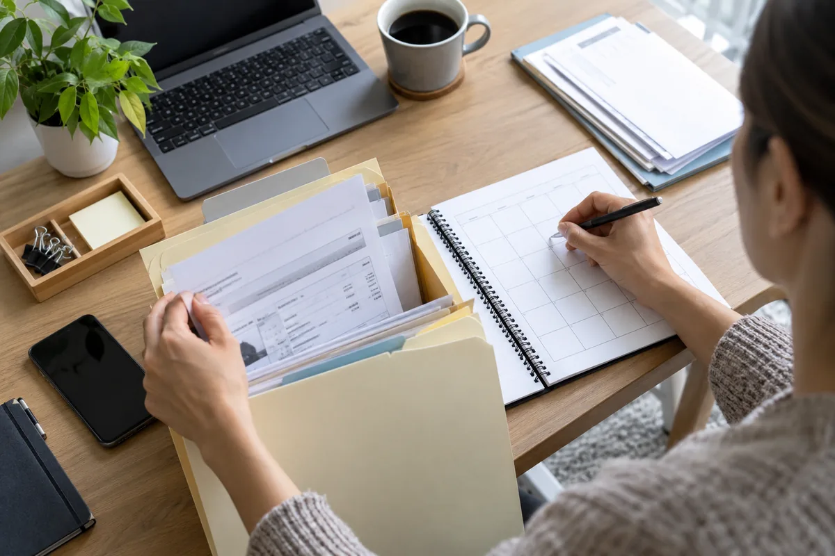 Trabalhadora organiza documentos e datas do período sem registro