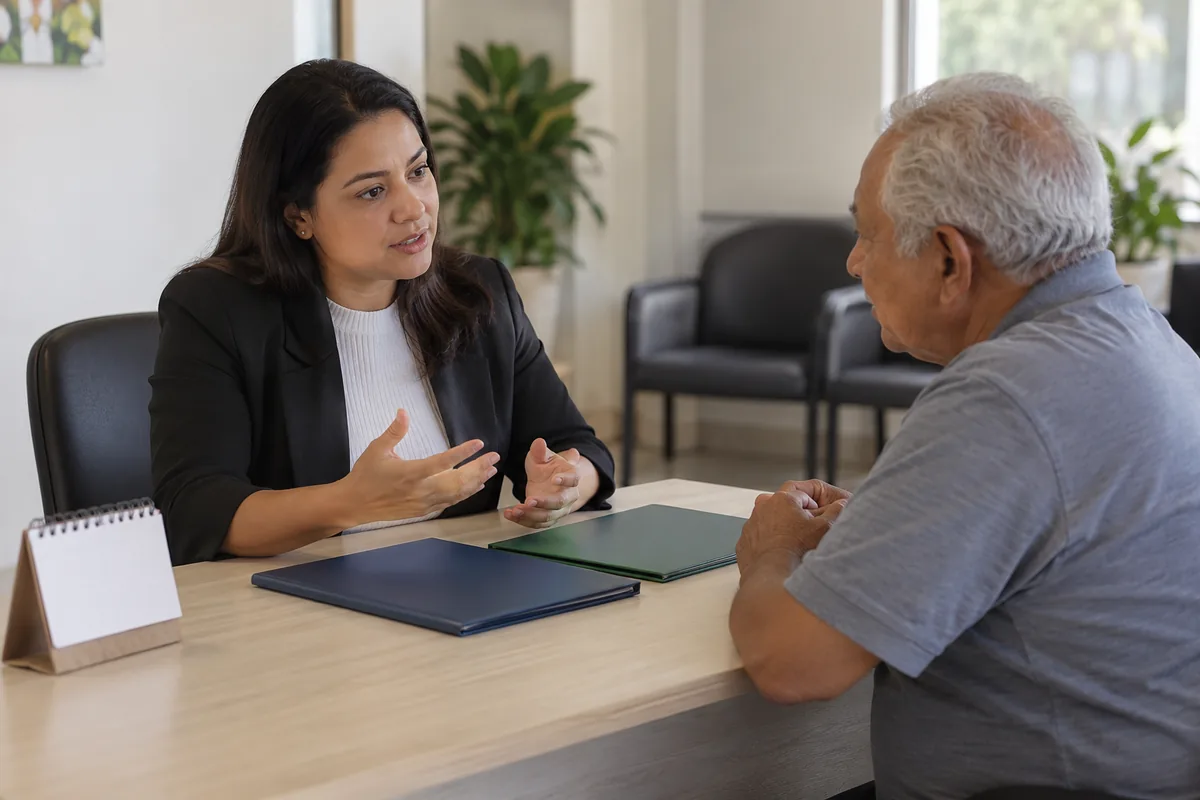 Profissional orienta idoso sobre aposentadoria e benefício assistencial