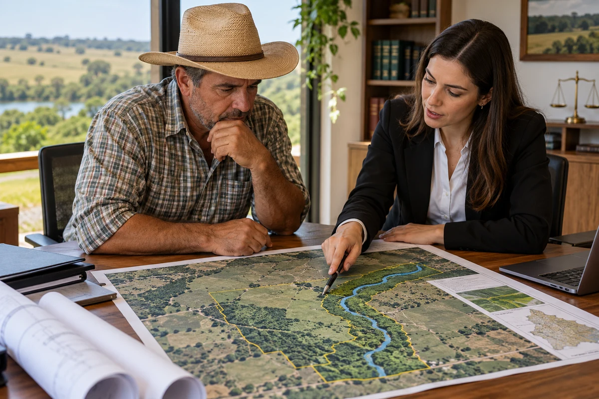 Proprietário e advogada analisam mapa de imóvel com mata ciliar