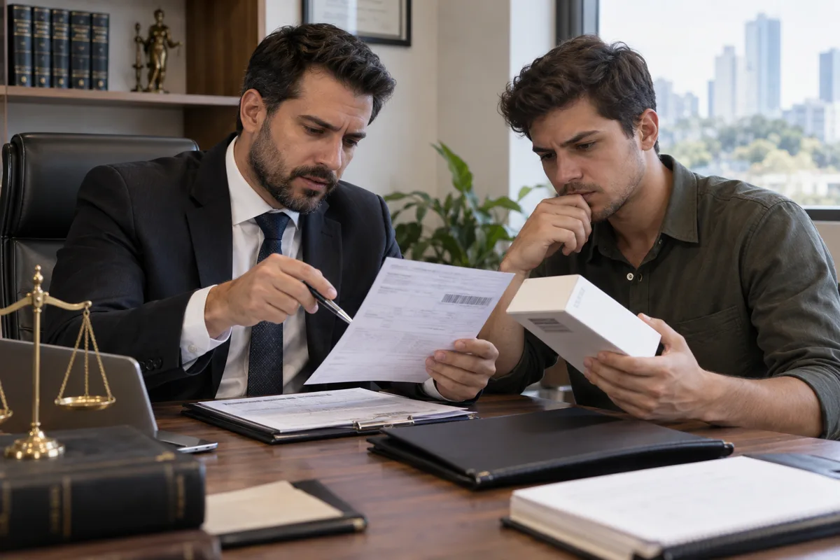 Advogado e cliente conferem nota fiscal e número de série de aparelho