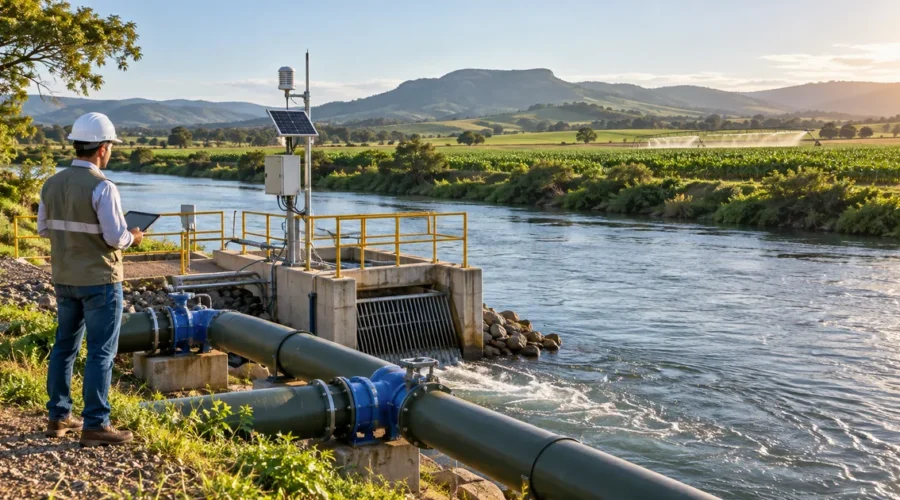Sistema de captação monitorado em rio junto a área agrícola