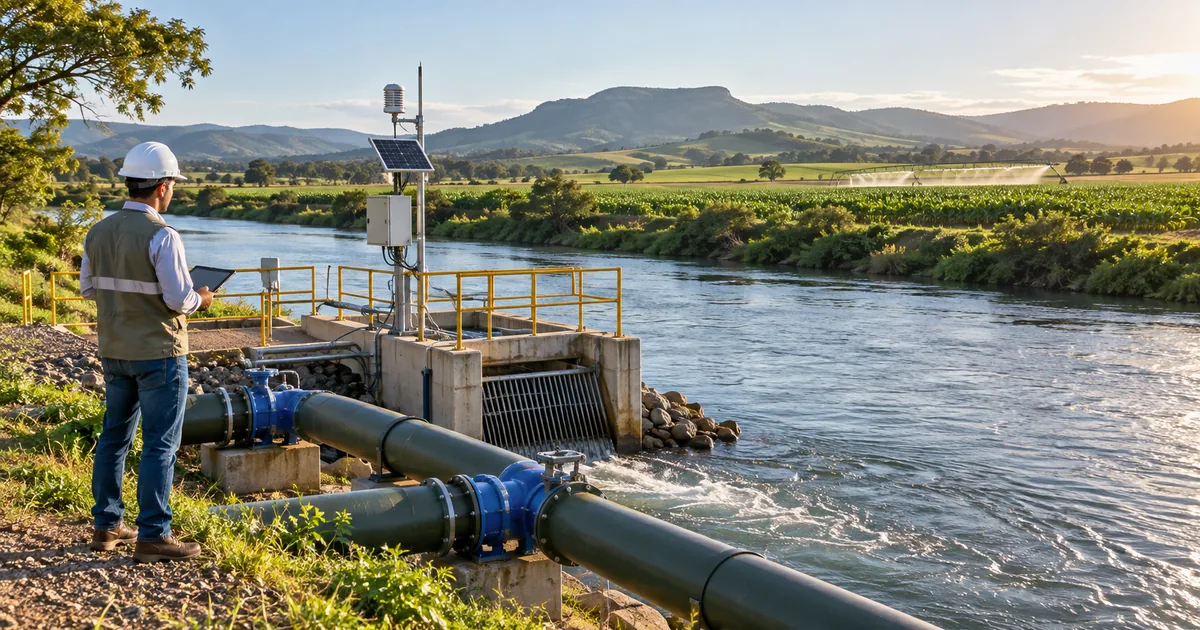 Sistema de captação monitorado em rio junto a área agrícola