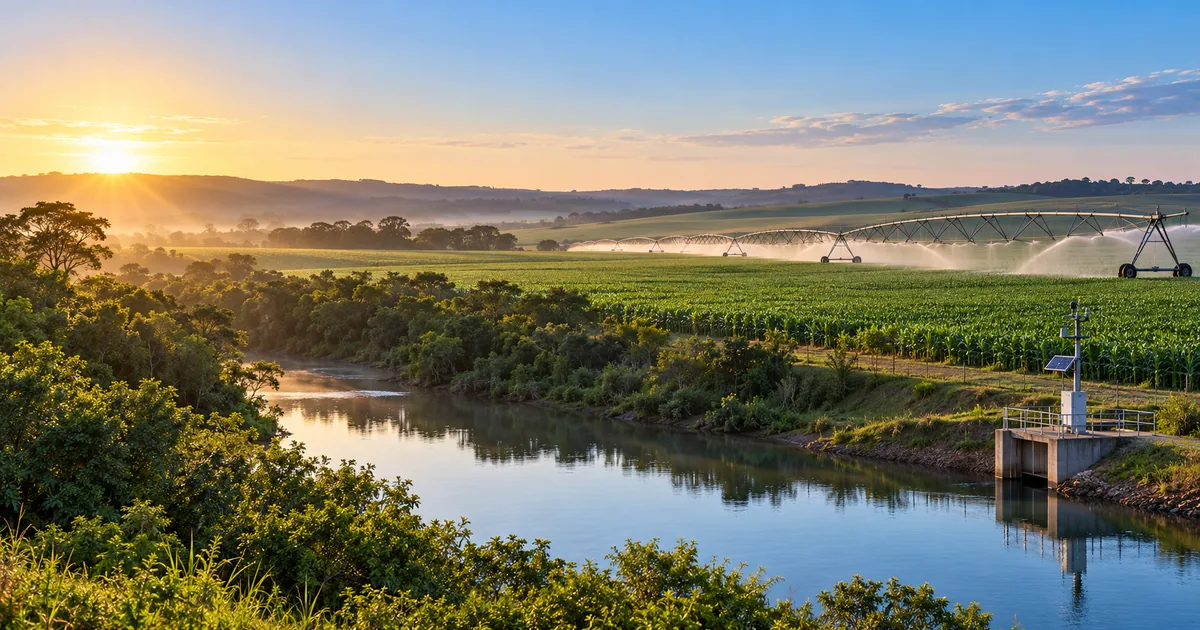 Paisagem rural com irrigação, mata ciliar e estrutura de monitoramento hídrico