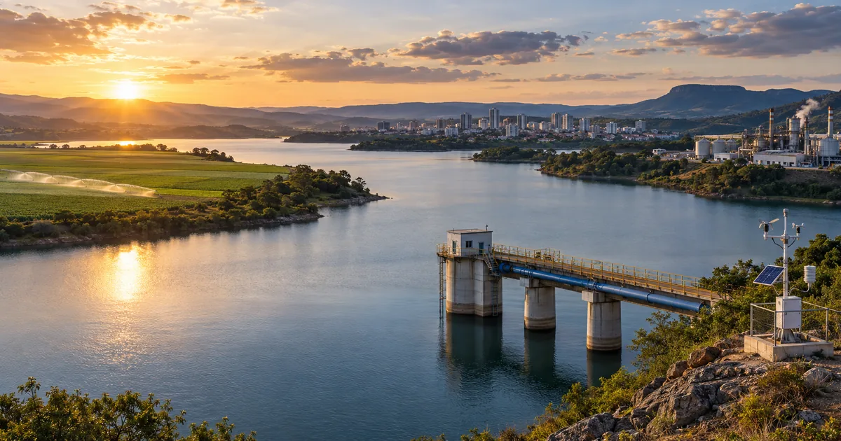 Reservatório com captação, agricultura, cidade e indústria
