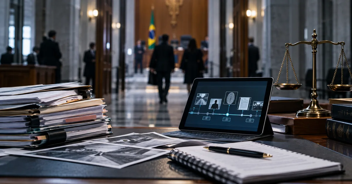 Autos, linha do tempo digital e balança da justiça representam defesa em participação de homicídio