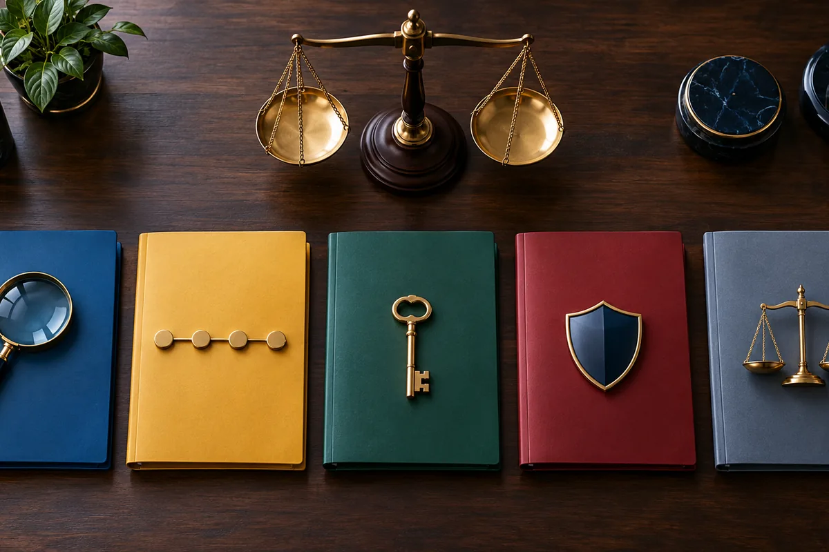Cinco pastas com símbolos representam teses de defesa em peculato