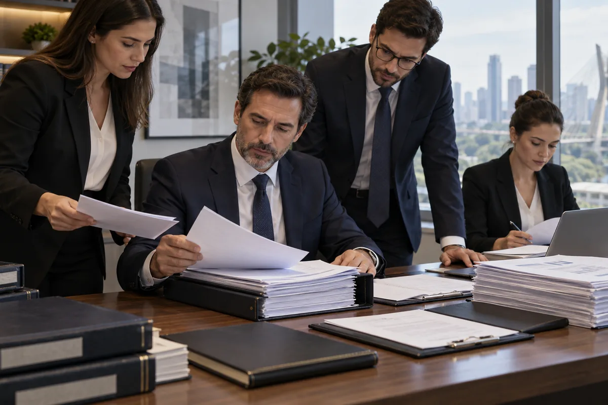 Equipe jurídica organiza documentos para pedido de recuperação judicial