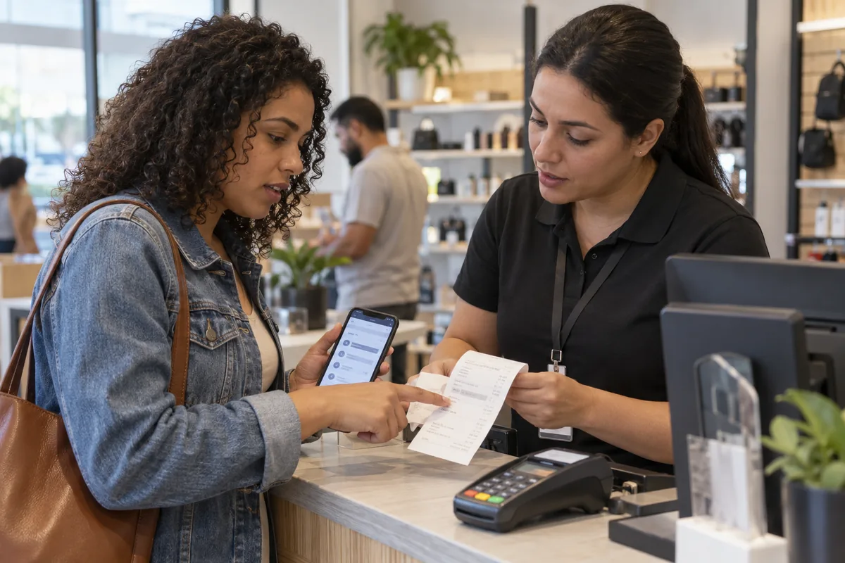 Cliente e atendente conferem comprovante para estornar cobrança duplicada