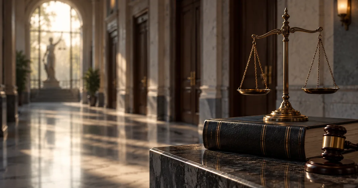 Livro jurídico e balança em corredor de tribunal