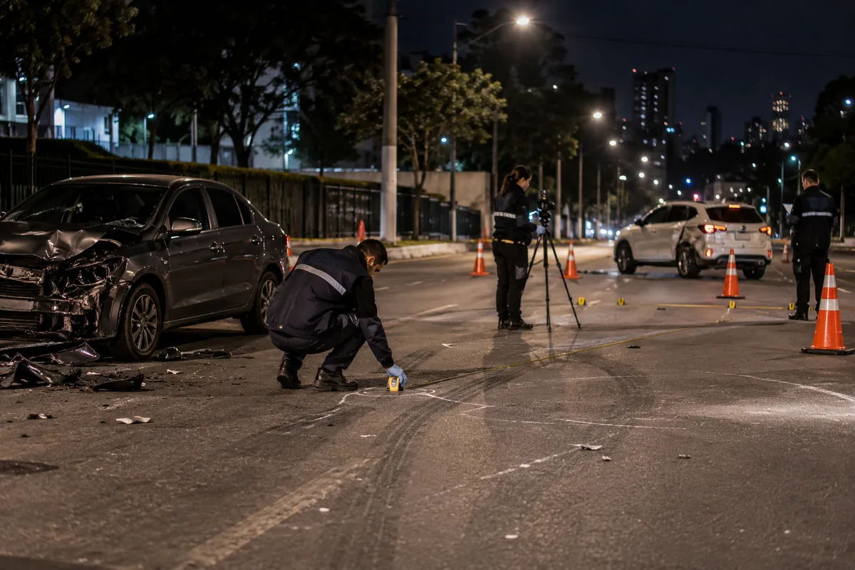 Peritos medem marcas no asfalto após colisão de trânsito