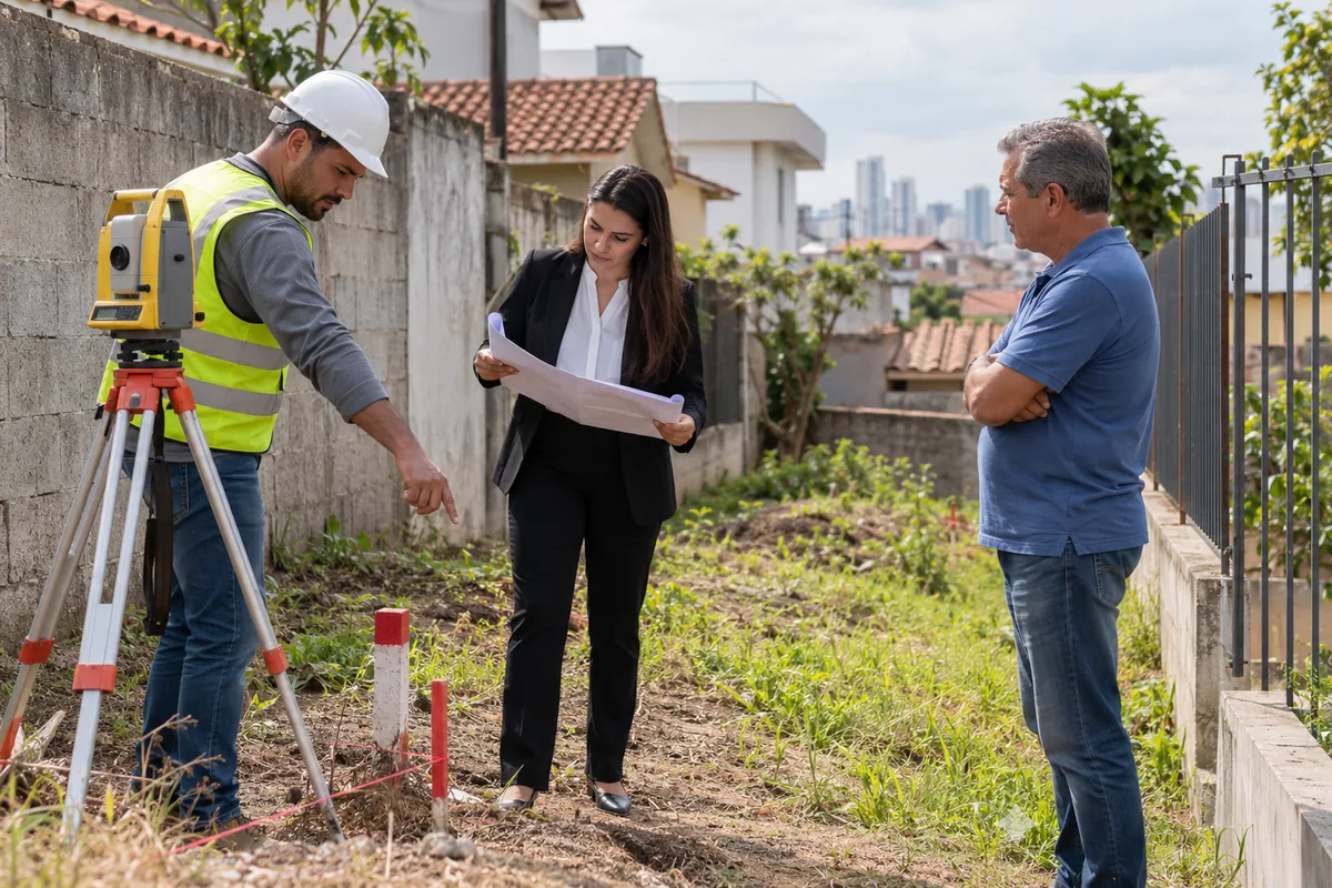 Profissionais conferem limites de terreno em disputa de usucapião