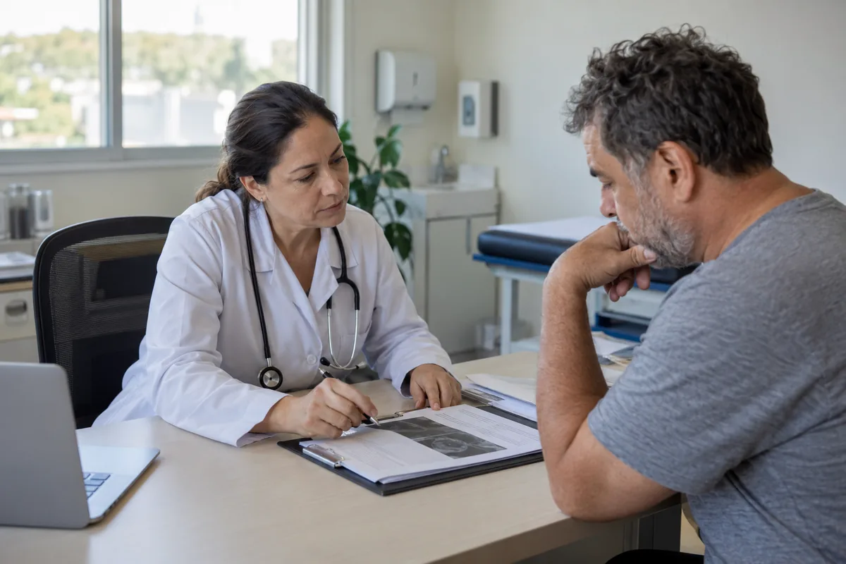 Profissional de saúde analisa documentos médicos com segurado em consulta