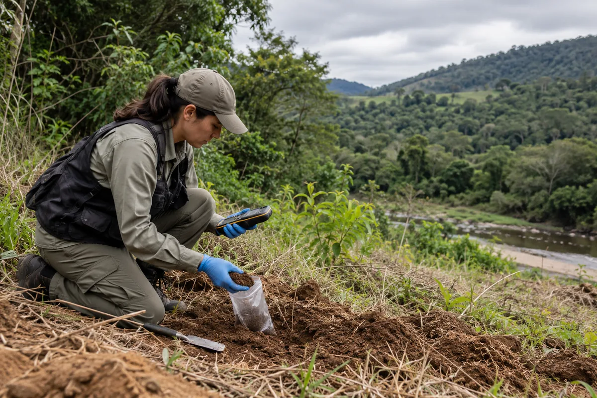 Profissional coleta amostra de solo durante perícia ambiental