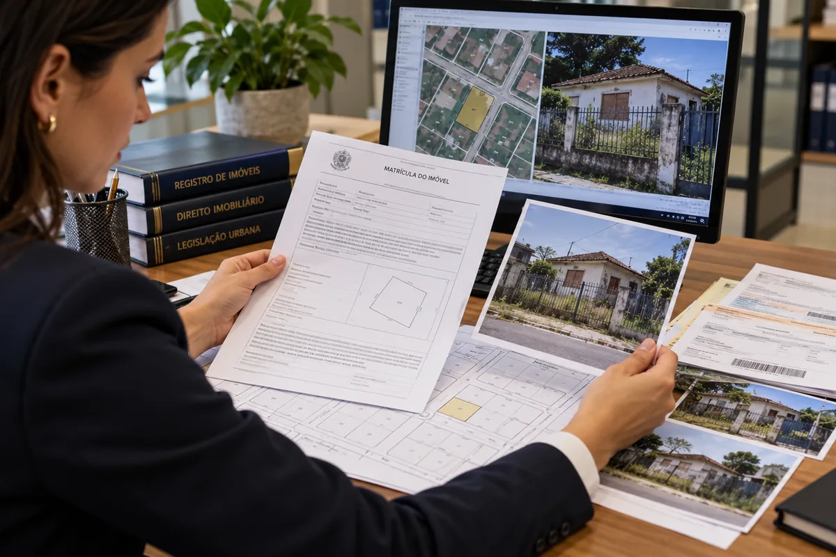 Advogada compara matrícula, mapa e fotos de imóvel desocupado