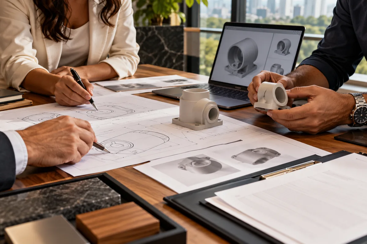 Profissionais analisam desenhos técnicos e ativos de propriedade intelectual