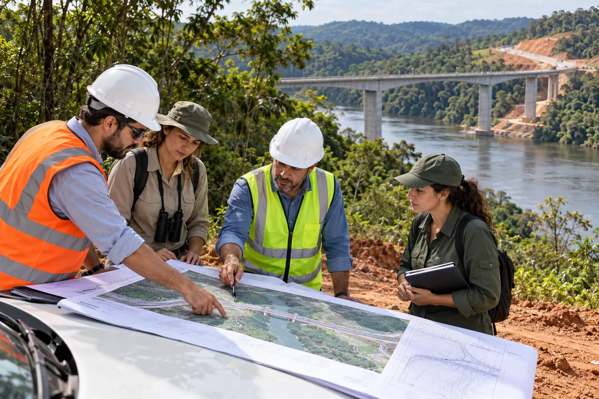 Equipe de engenharia e meio ambiente analisa projeto de ponte e rodovia