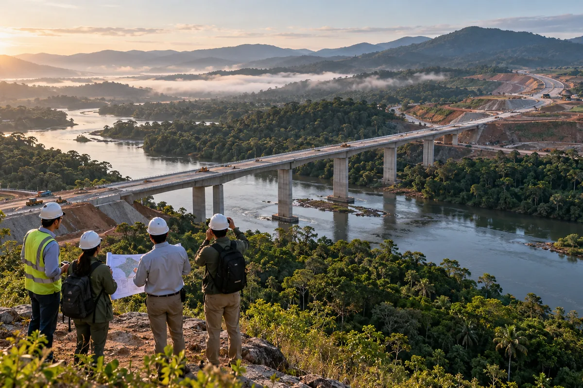 Equipe observa ponte e corredor viário em área florestal durante planejamento ambiental