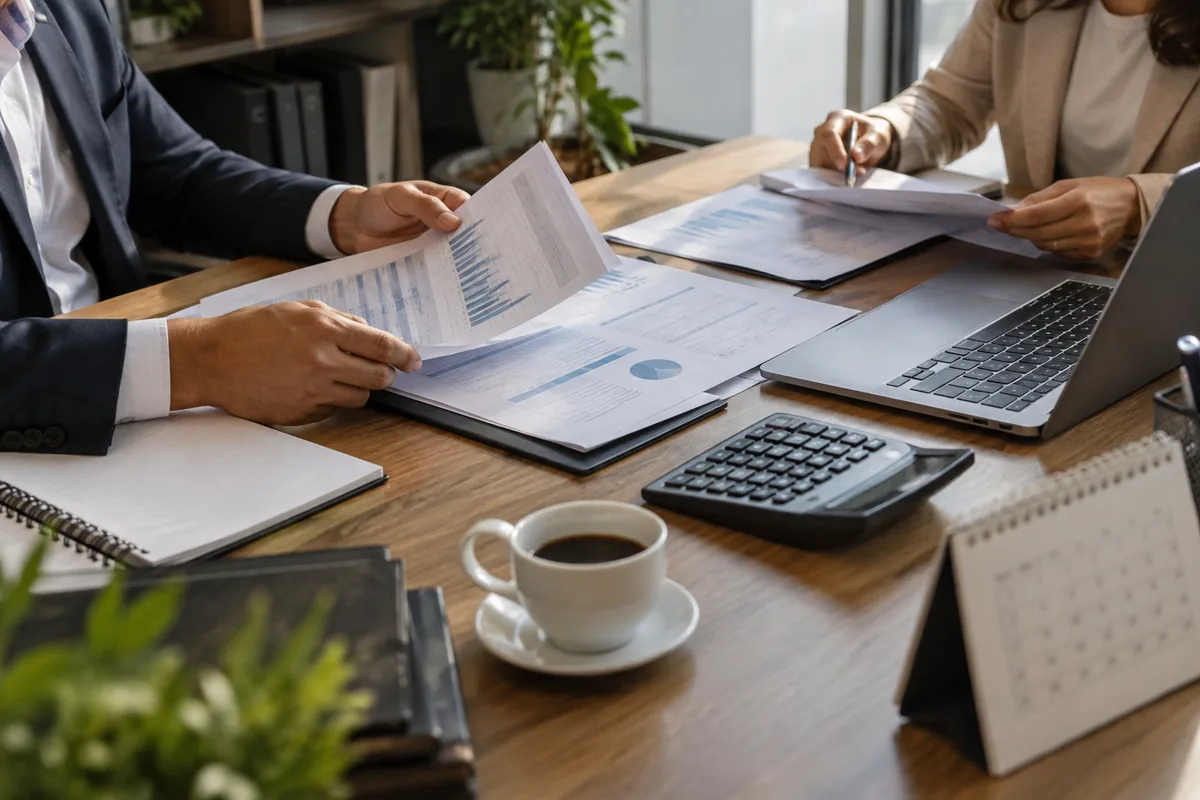 Documentos e calculadora usados no planejamento de regularização tributária