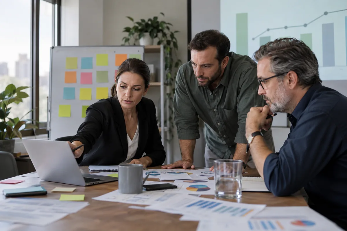 Equipe revisando um plano de caixa de treze semanas para evitar a falência da empresa