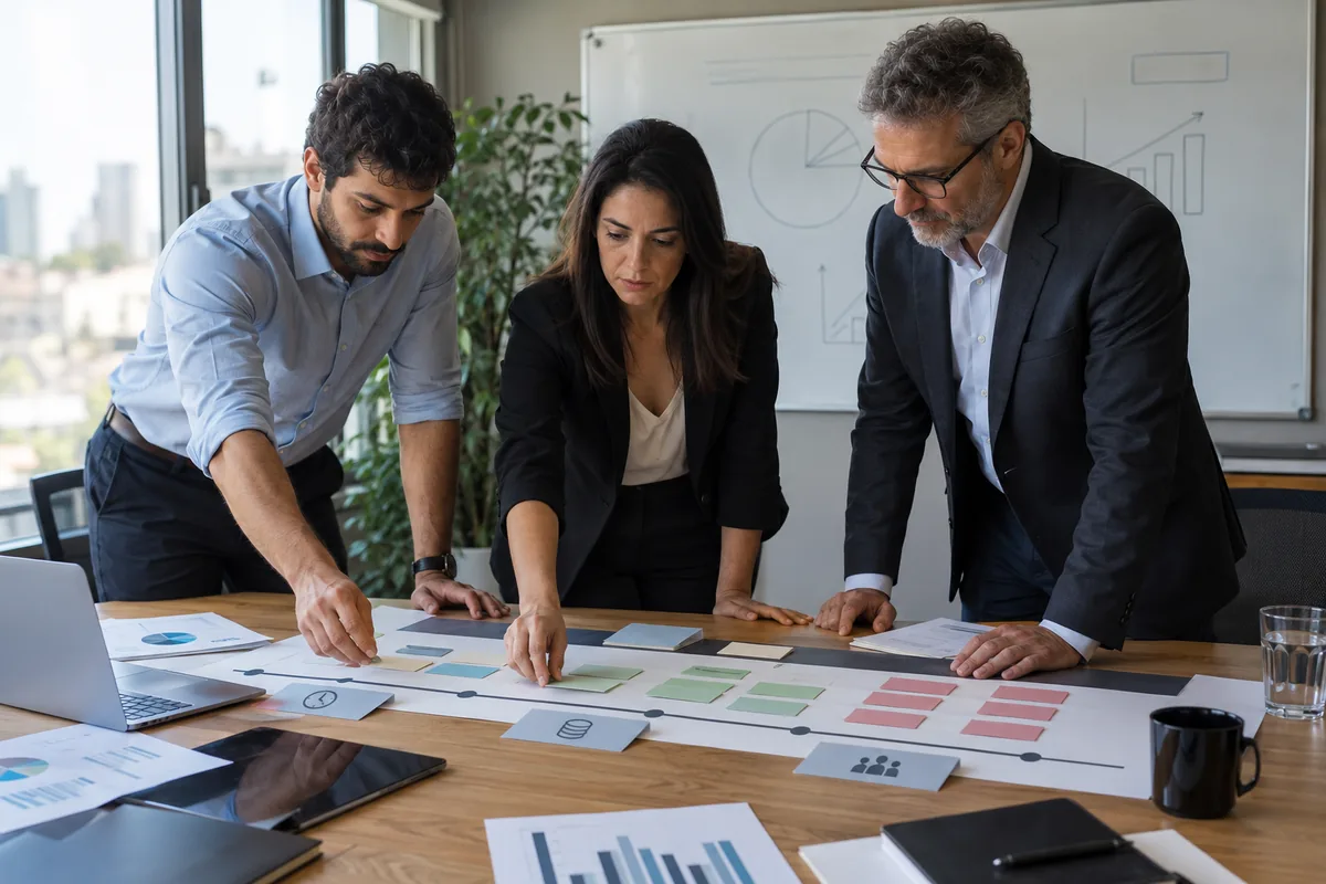 Equipe organiza prioridades para reestruturar empresa endividada