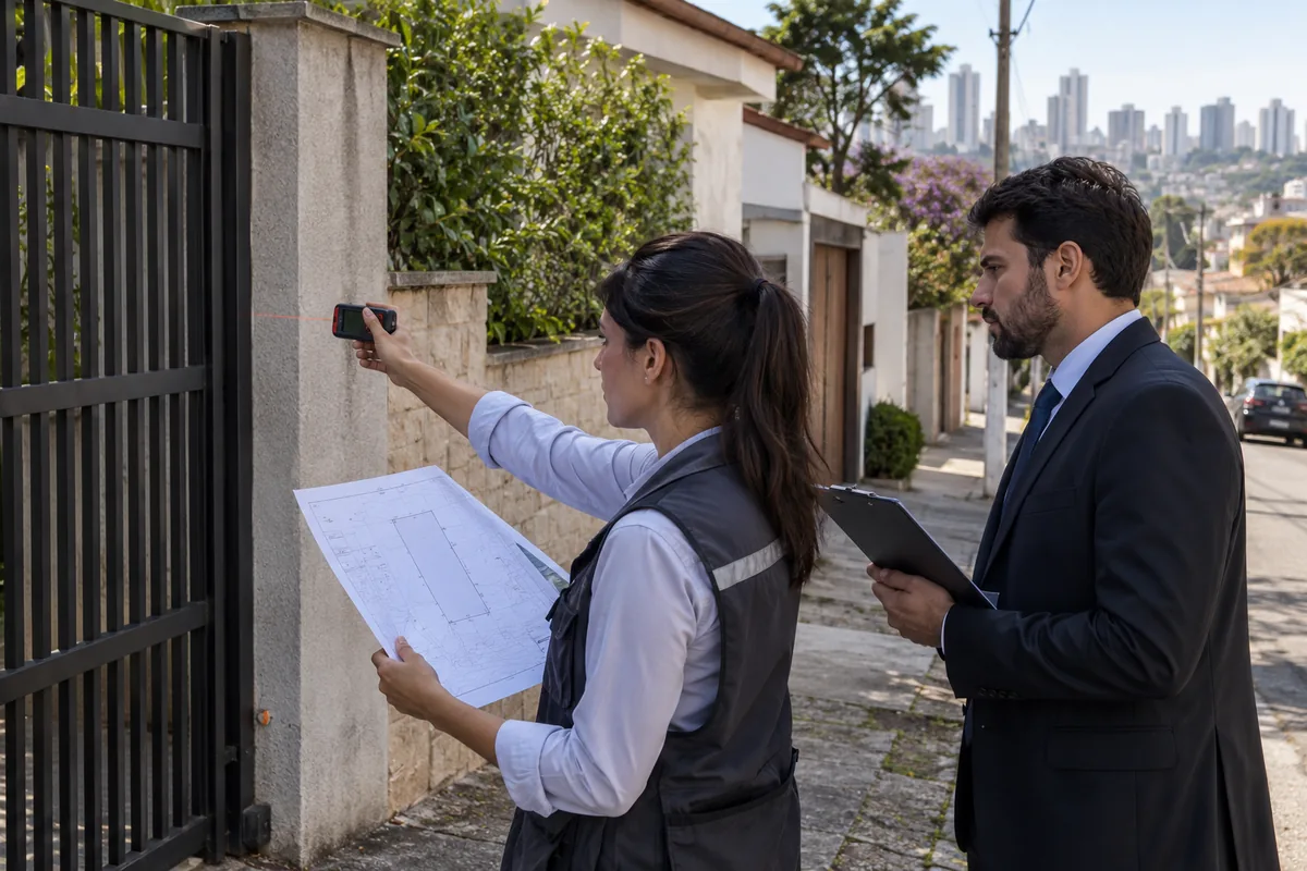 Profissionais conferem planta e limites de imóvel urbano para pedido de usucapião