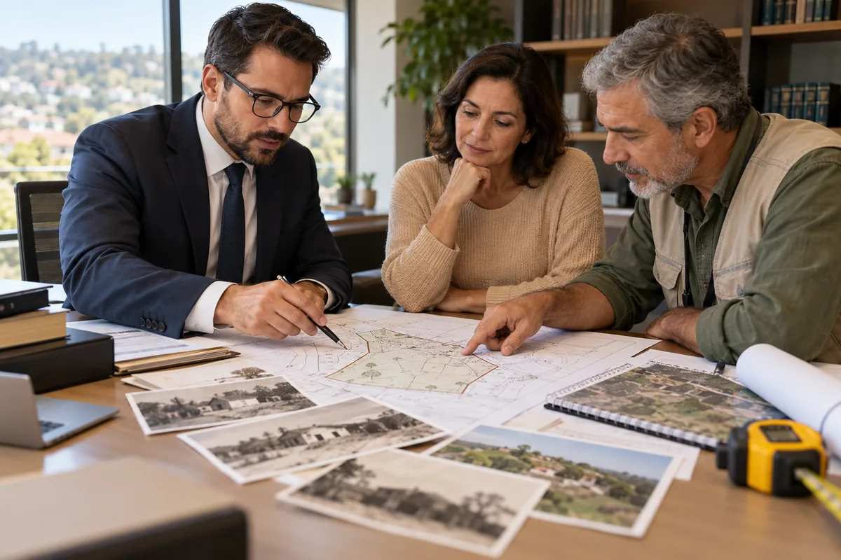 Advogado, cliente e profissional técnico conferem planta e fotografias históricas do imóvel