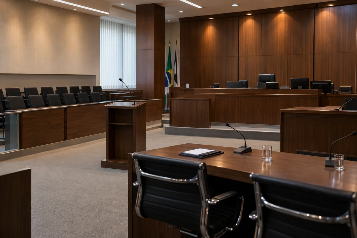 Plenário vazio preparado para sessão do Tribunal do Júri