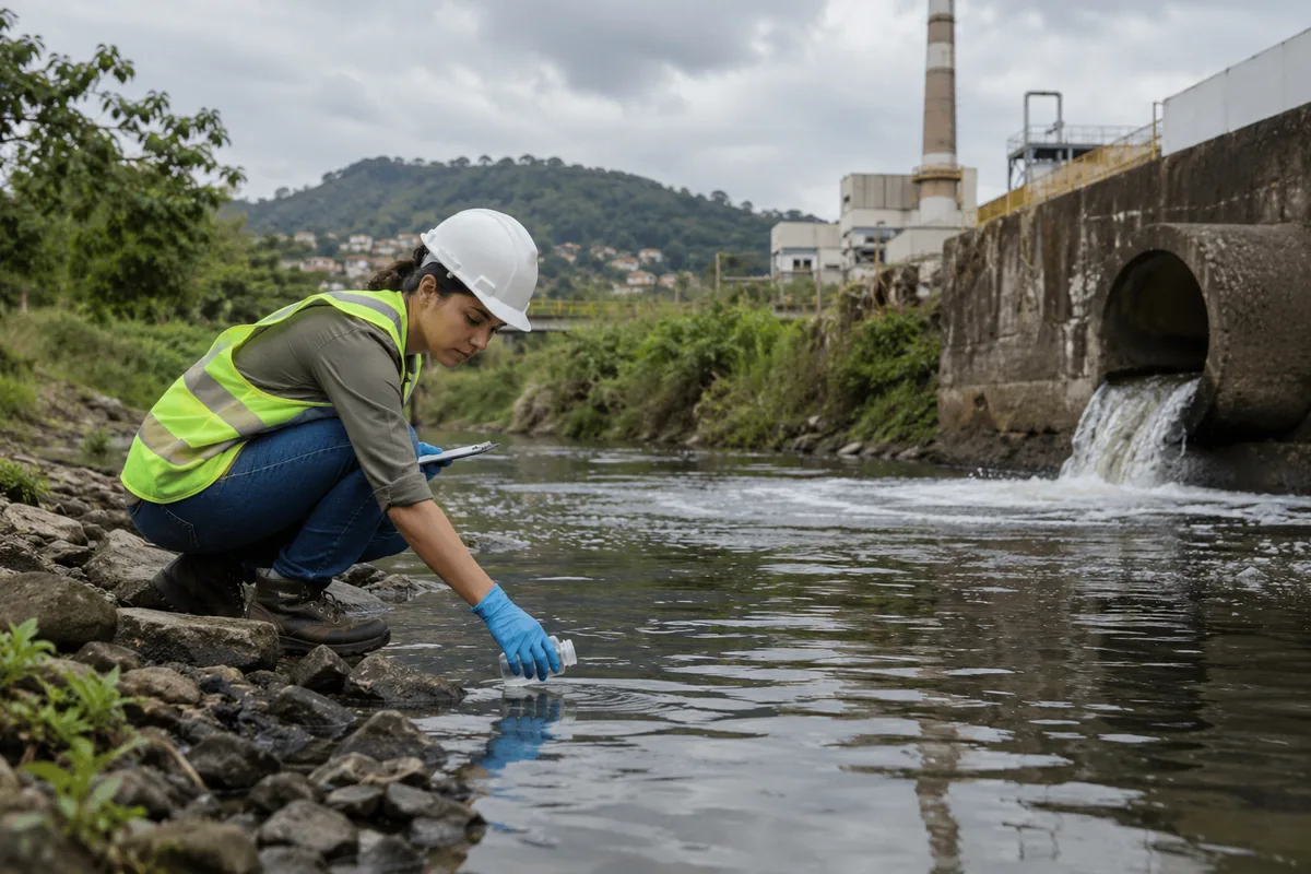 Engenheira coleta amostra de água junto a canal industrial