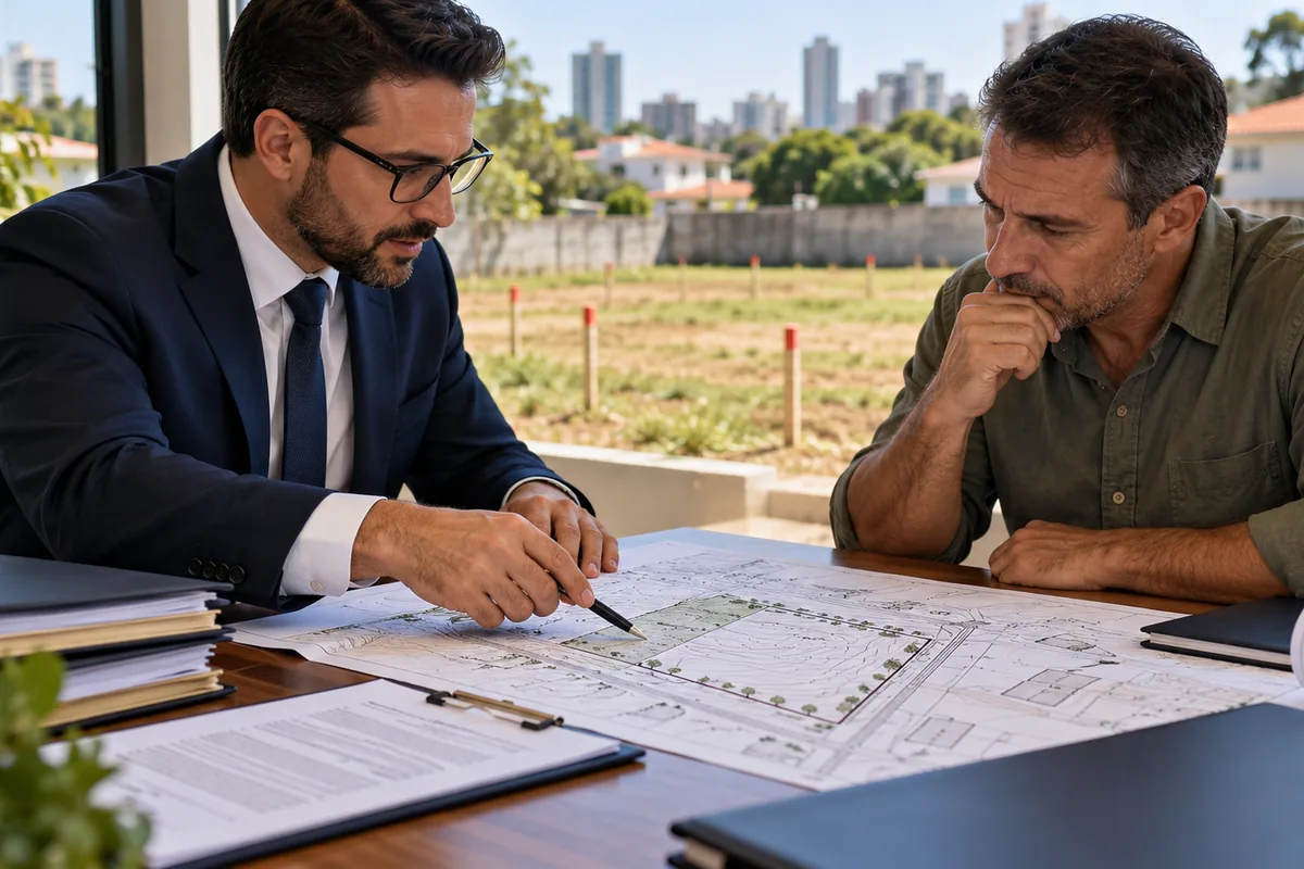 Advogado e possuidor analisam documentos e planta de um terreno